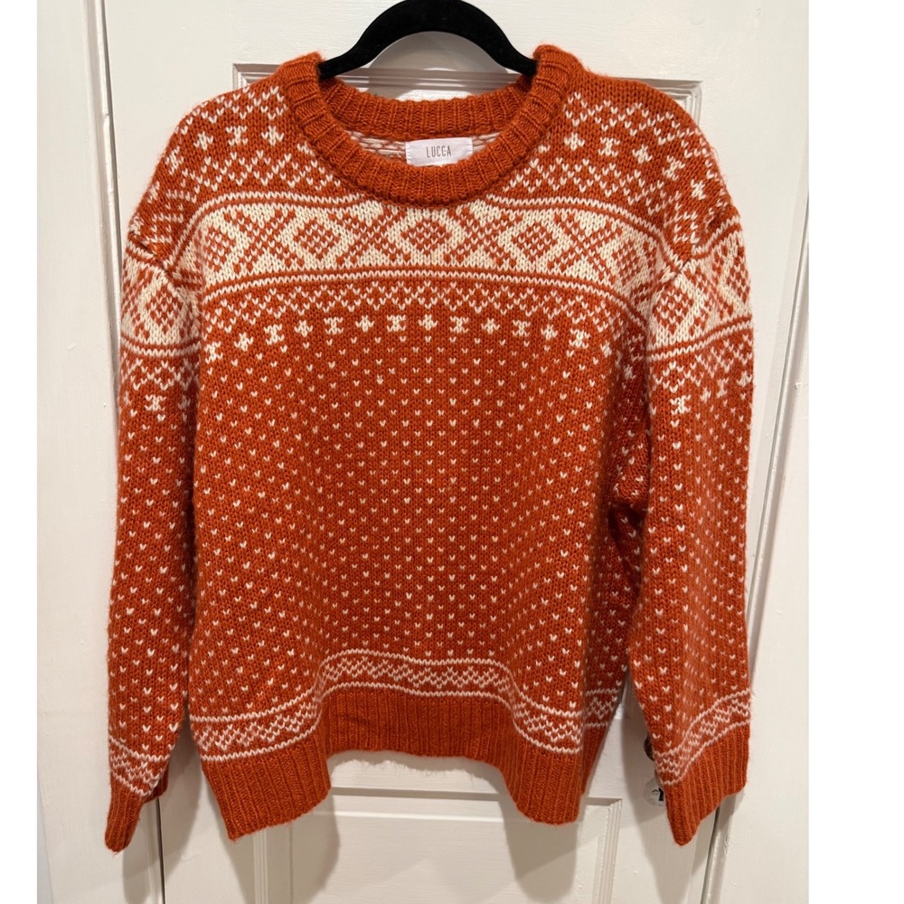 LUCCA Fair Isle Knit Park City Sweater Orange White Oversized Crew Neck M‎
